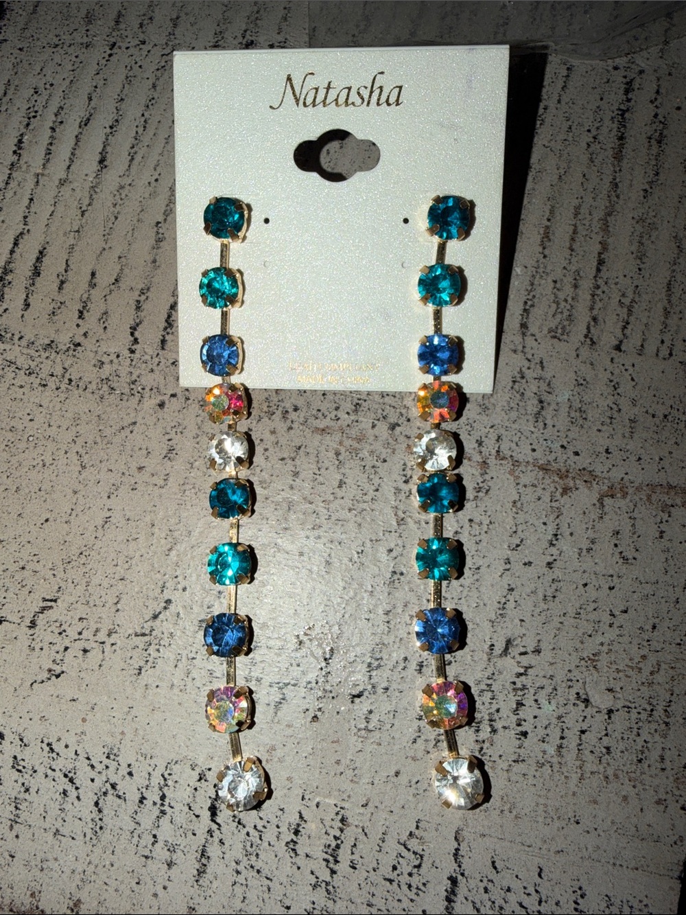 Natasha Couture Teal & Blue Long Drop Crystal Earrings with Aurora Accents